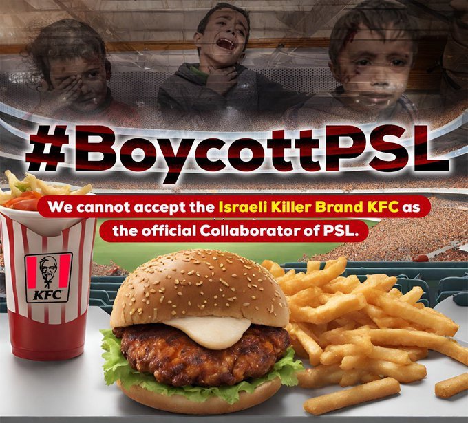 NaqviSyeda_'s tweet photo. I didn't knew this earlier that KFC is still one of the sponsors of #PSL9 . Boycotting the  #PSL2024 is  a stand against partnership that ignore human rights and ethical values @thePSLt20. 
Humanity Over Entertainment....

#BoycottPSL https://t.co/mtHaWhc4oj