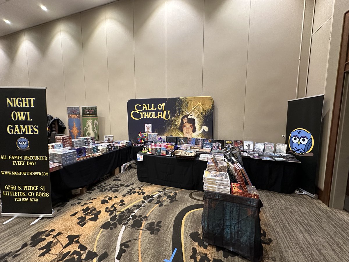 Chaosium_Inc's tweet photo. This is where you'll find Chaosium products at #GenghisCon in Denver CO this weekend - many thanks to our friends at local FLGS Night Owl Games for partnering with us so we could have a retail presence at the show! https://t.co/3uSmsbat0L