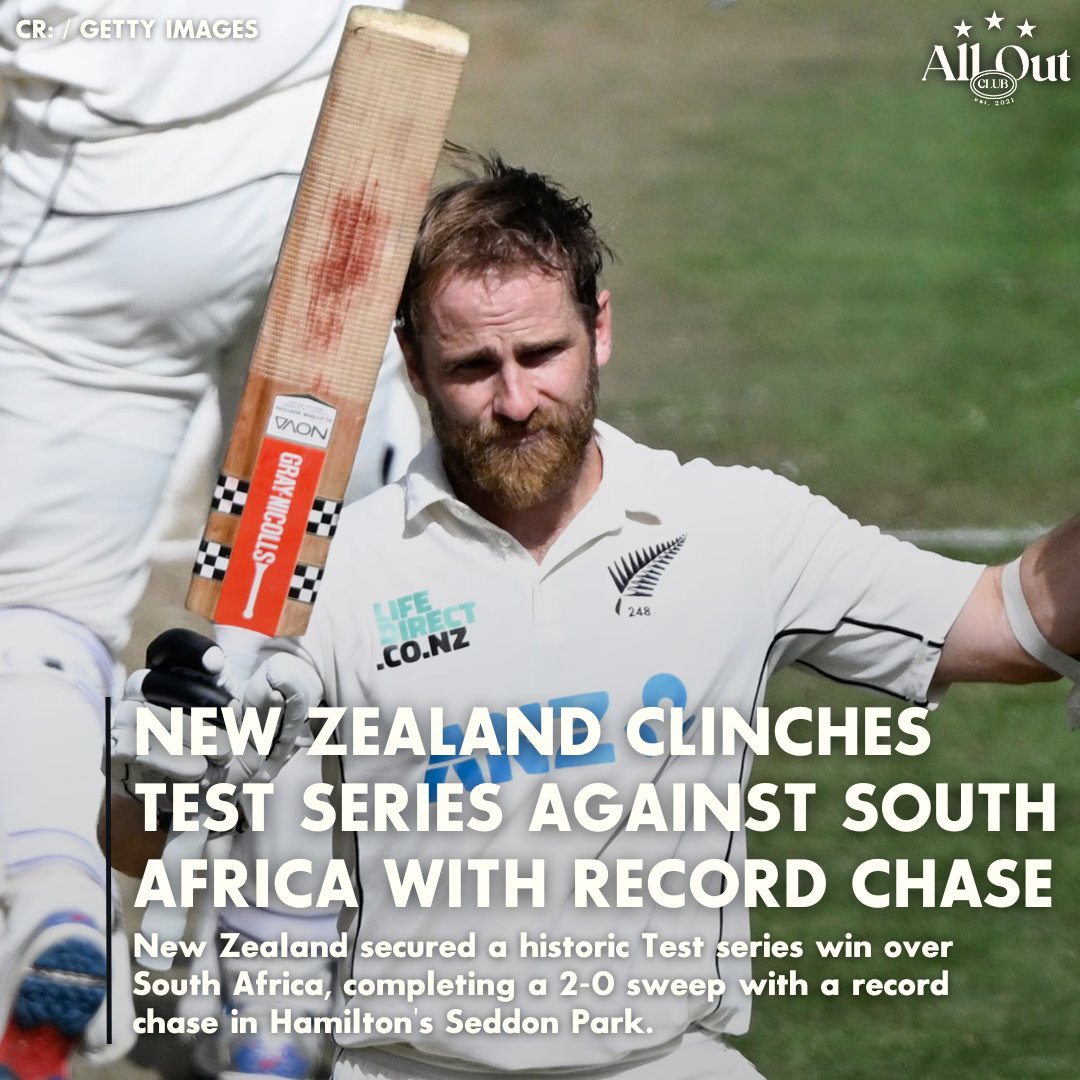 AllOutClub's tweet photo. New Zealand secured a historic Test series win over South Africa, completing a 2-0 sweep with a record chase in Hamilton's Seddon Park. #NZvSA #BACKTHEBLACKCAPS #CricketNation @BLACKCAPS https://t.co/8LgenrSB0d