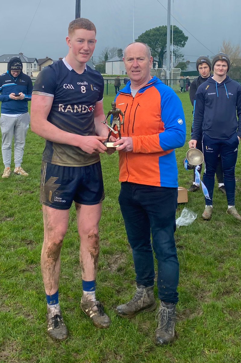 HigherEdGAA's tweet photo. Higher Education Vice Chairperson Benny Hurl presents Fergal Meagher POTM to Shane Gleeson of @AdareGAA.

Joint captains Oran Hartney and Ruairi Murray accept the Fergal Meagher Cup on behalf of @colerainegaa / @MageeGAA https://t.co/k82dM2Ptth