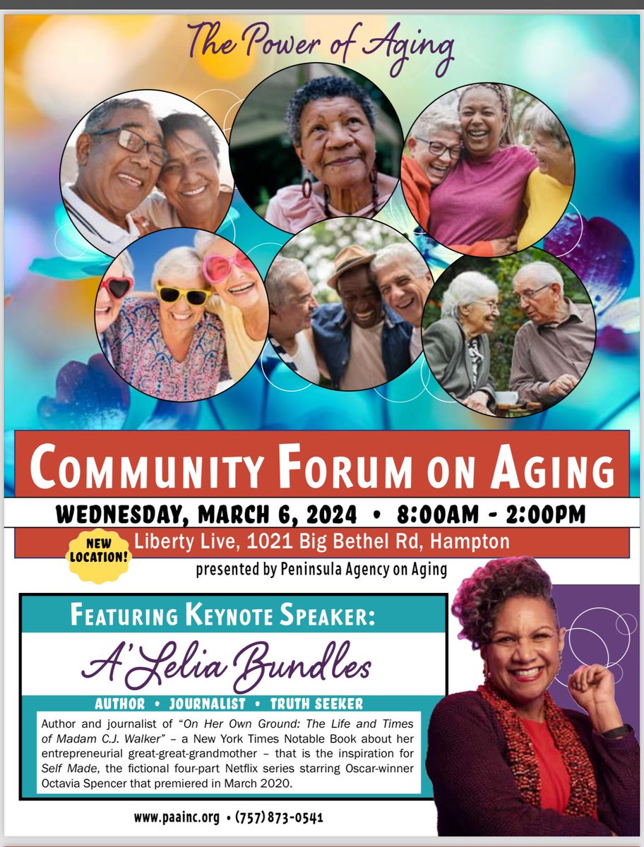 “Annual Community Forum on Aging” - Join author and journalist A’Lelia Bundles writes biographies about the amazing women in her family: entrepreneur Madam C. J. Walker and Harlem Renaissance icon A’Lelia Walker. @SGS_JAG @nnvalinks