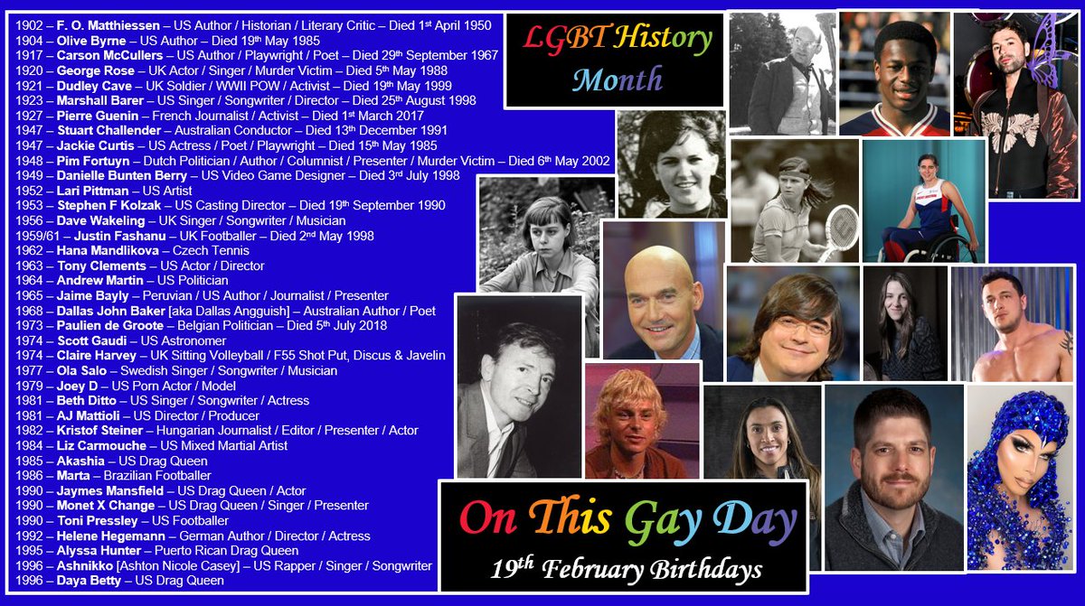 It'd be a great idea during #LGBTHistoryMonth for everyone to check #LGBTQIA+ people who share their birthday & get to know about each
I'm listing #LGBT people who were born & died in February, day by day
Here's the list of those born on 19th February #QueerHistory #LGBTHistory