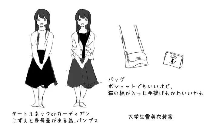 雪美の衣装案
諸々の都合であんまり選択肢ない

色々考えるのは楽しいんだけど、結局作画コストとの相談になる
ストレートになかみーの衣装参考にするでも成立しそうだけど、流石にそれはかなー 