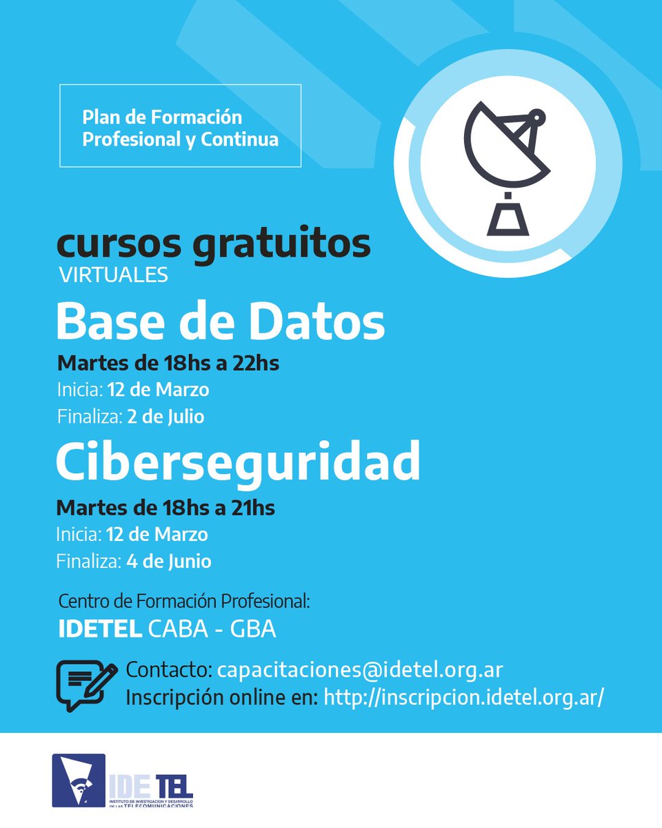 Cursos gratuitos para afiliados y familiares directos, mayores de 18 años, aún sin secundario terminado,
La inscripción se abre el LUNES 19, DESDE LAS 9 HS. cupos limitados dado que el curso es de alcance nacional. Inscripciones 👇🏼inscripcion.idetel.org.ar