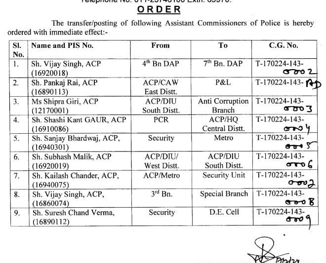 दिल्ली पुलिस के कुछ ACP के तबादले I सभी को शुभकामनाएं
