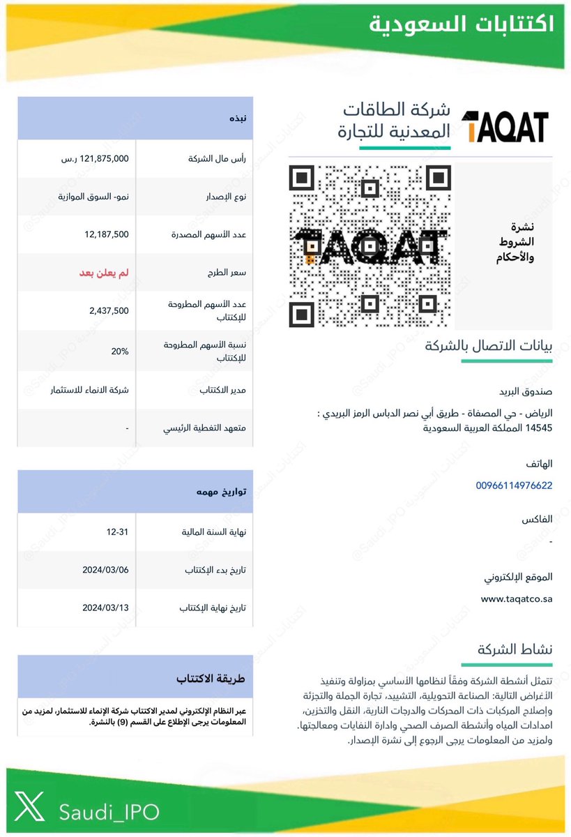 Saudi_IPO's tweet photo. اكتتاب جديد: شركة الطاقات المعدنية للتجارة
(بالسوق الموازي - نمو)

الفترة:
من (06/03/2024)
إلى (13/03/2024)

السعر:
لم يعلن بعد

طريقة الاكتتاب:
عن طريق النظام الإلكتروني للمدير المالي للاكتتاب شركة الإنماء للاستثمار.

النشرة:
https://t.co/76dMb2vALt

#اكتتابات_السعودية https://t.co/fQcX7JGY5t