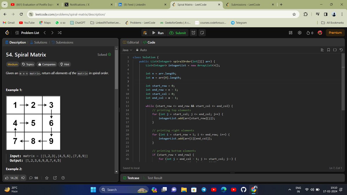 🚀 Thrilled to share my solution to the 'Spiral Order Matrix' challenge for Day 37 of #365daysofcode! 🎉

🔍 Problem Statement:
The task was to traverse a 2D matrix in a spiral order and collect the elements in a list.
#CodingChallenge #Java #Algorithm #MatrixManipulation #Tech