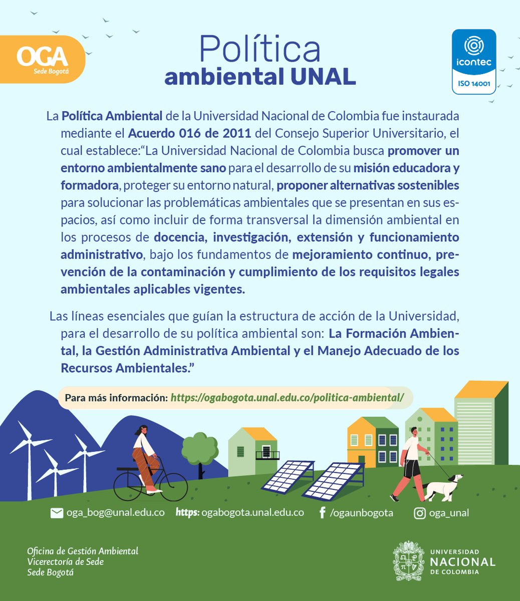 #SostenibilidadUNAL Los invitamos a consultar la Política Ambiental de la Sede @BogotaUNAL
¡Queremos que cada uno de ustedes haga parte de un entorno ambientalmente sano! Visita nuestra página web y conoce más 🌳 ogabogota.unal.edu.co | #SomosUNAL #OGA