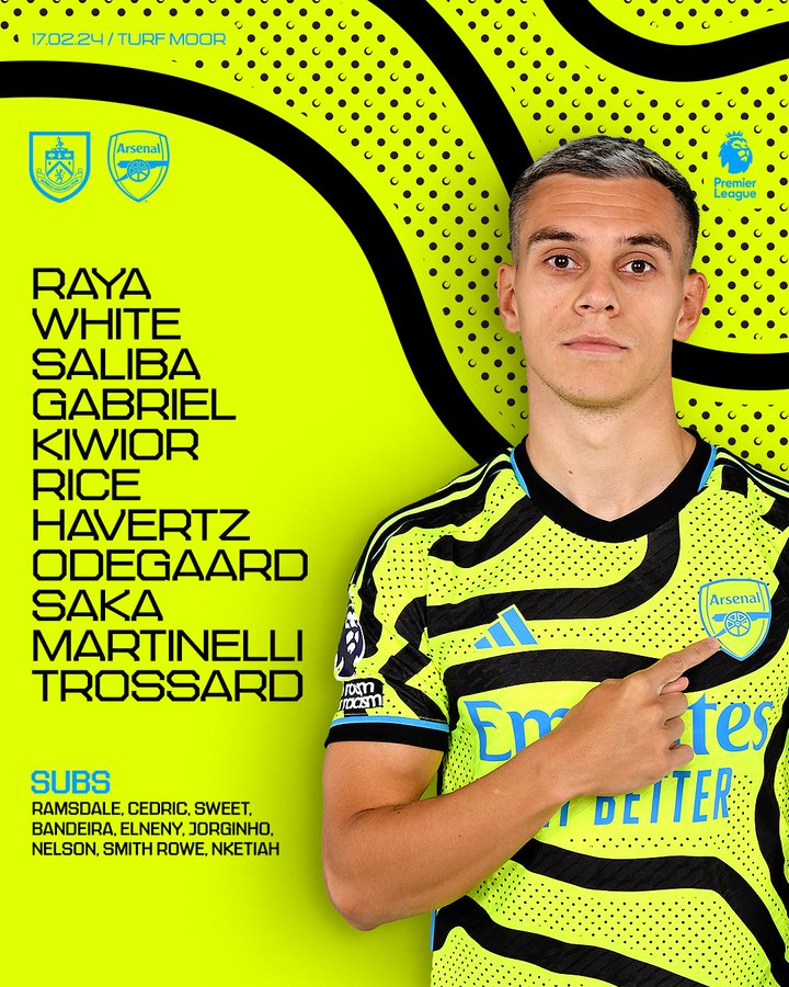 Starting XI: Raya, White, Saliba, Gabriel, Kiwior, Rice, Havertz, Odegaard, Saka, Martinelli, TrossardSubstitutes: Ramsdale, Cedric, Sweet, Bandeira, Elneny, Jorginho, Nelson, Smith Rowe, Nketiah