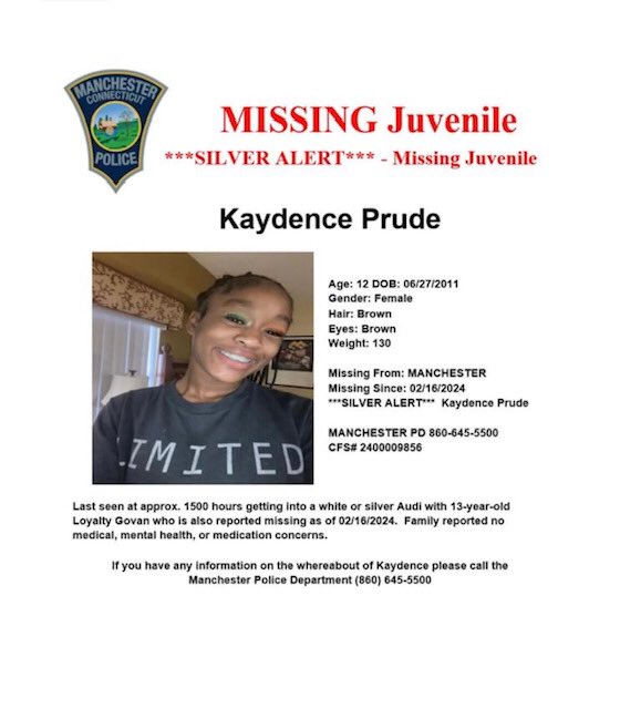 MISSING  ~ SILVER ALERT:  Kaydence Prude (age 12) + Loyalty Govan (Age 13) Last seen @ 3pm Friday, Feb 16, 2024 getting into a white or silver Audi. Please CALL Manchester, CT PD 860.645.5500 with any info! Please share broadly, repost + PRAY!🙏🏾