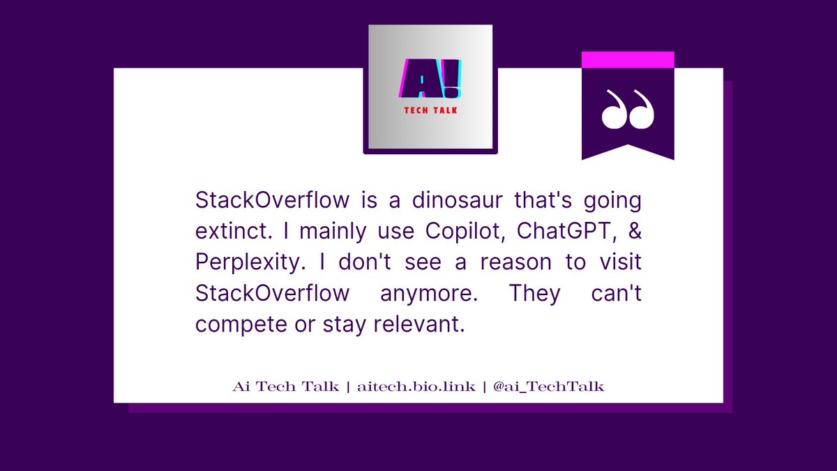 Ai_TechTalk's tweet image. Traditional techs like StackOverflow are being overshadowed by innovative AI tools such as Copilot, ChatGPT, and Perplexity. 

Embracing the future of coding assistance! 🚀 

#AI #CodingRevolution