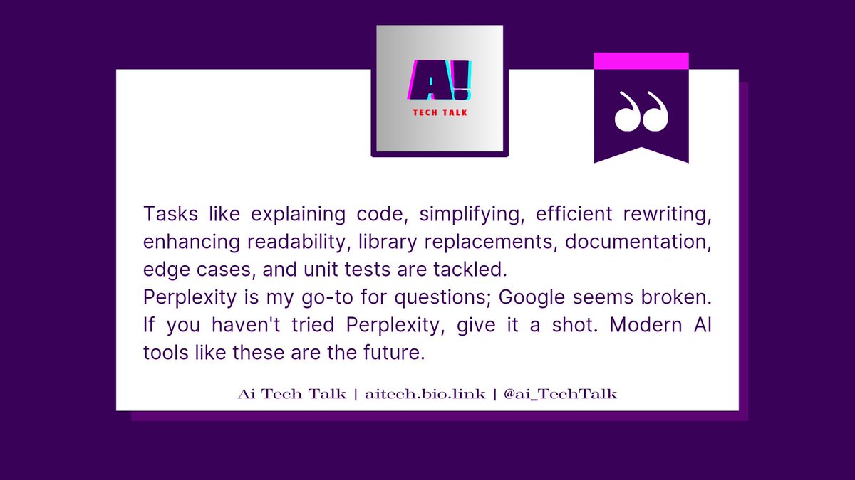 Ai_TechTalk's tweet image. Traditional techs like StackOverflow are being overshadowed by innovative AI tools such as Copilot, ChatGPT, and Perplexity. 

Embracing the future of coding assistance! 🚀 

#AI #CodingRevolution