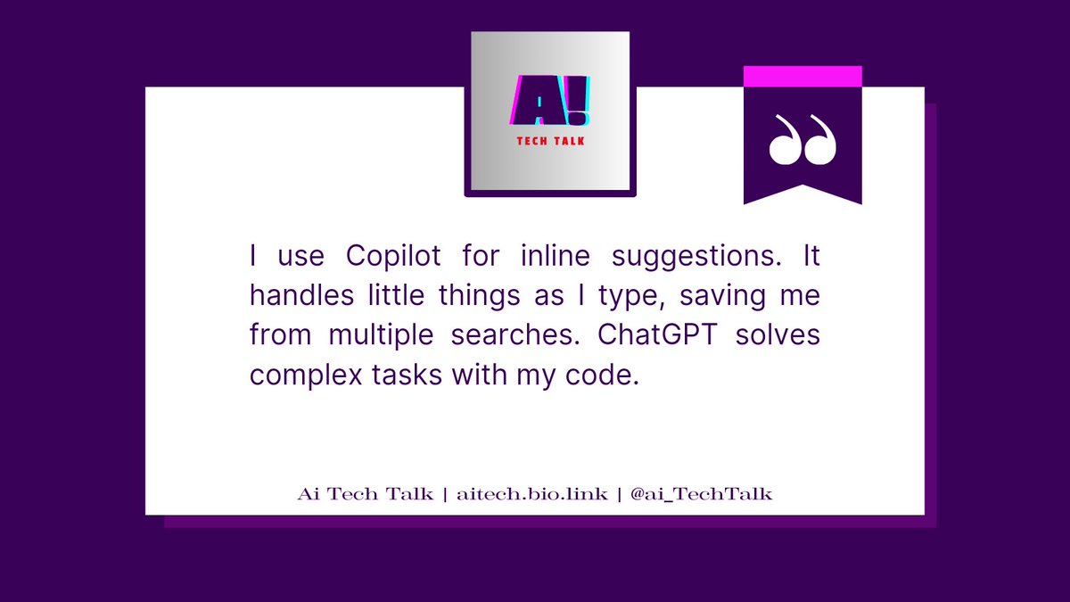 Ai_TechTalk's tweet image. Traditional techs like StackOverflow are being overshadowed by innovative AI tools such as Copilot, ChatGPT, and Perplexity. 

Embracing the future of coding assistance! 🚀 

#AI #CodingRevolution