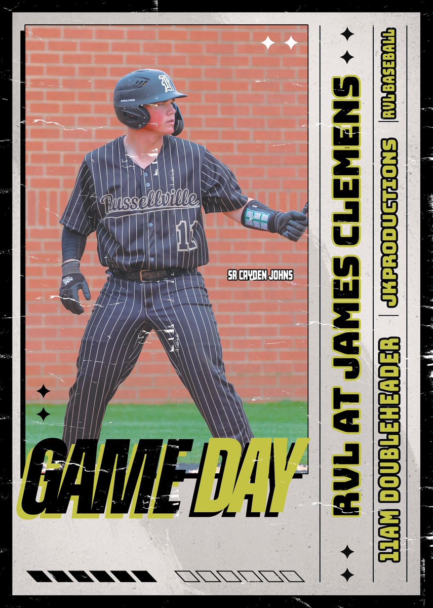 RussellvilleBaseball (@russellvillebb) on Twitter photo ⚡️GAMEDAY⚡️
🆚 <a href="/JCJetsBaseball/">James Clemens Jets Baseball</a> & Sipsey Valley
⌚️: 11:00 DH
📍: JetPlex (James Clemens High School)
🎟️: gofan.co/event/1378757?…
#Goldstandard ⚡️GAMEDAY⚡️
🆚 <a href="/JCJetsBaseball/">James Clemens Jets Baseball</a> & Sipsey Valley
⌚️: 11:00 DH
📍: JetPlex (James Clemens High School)
🎟️: gofan.co/event/1378757?…
#Goldstandard