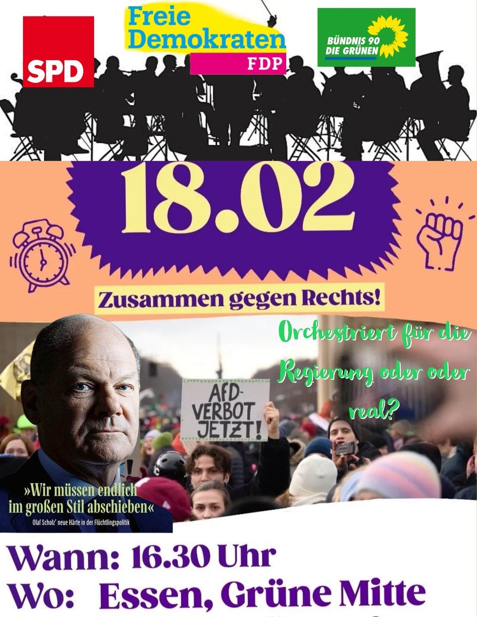 HumanaUnida's tweet photo. Ich dokumentiere für euch am Sonntag, 18.02.24 ab 16:30 Uhr, die Demo der Initiative  @zs_gegen_rechts . Der Veranstalter hat sehr ambitioniert 10.000 TN angemeldet. Ihr sollt euch ein eigenes Bild davon machen, ob die Menschen ehrlichen Herzens gegen jede Form des politischen Extremismus und Verfassungsfeindlichkeit demonstrieren, oder ob es nicht wieder eine gesteuerte und orchestrierte Demo der Ampelparteien ist.

Zumal die Bundesregierung momentan harte Abschiebegesetze erlassen haben und eine repressivere Flüchtlingspolitik, ganz im Sinne der #EkelhAFD betreiben

 Man wird sehen ob morgen Parteifahnen zu sehen sind oder nicht. In Duisburg war vor 14 Tagen eine glaubwürdige Demo gegen Rechtsextremismus, wo keine Partei involviert waren. Deshalb waren aber nur 200 TN vor Ort. Die CDU Essen hat dem Aufruf und der Teilnahme für Sonntag eine Absage erteilt, da im Bündnis @EssenQuer etliche demokratie- und verfassungsfeindliche Organisationen Mitglied sind. Sehen wir morgen also ob Extremisten gegen Extremisten demonstrieren oder nicht.

📹https://t.co/wDDzaFvMjJ

#demosgegenrechts #fcknzs #AmpelDesGrauens