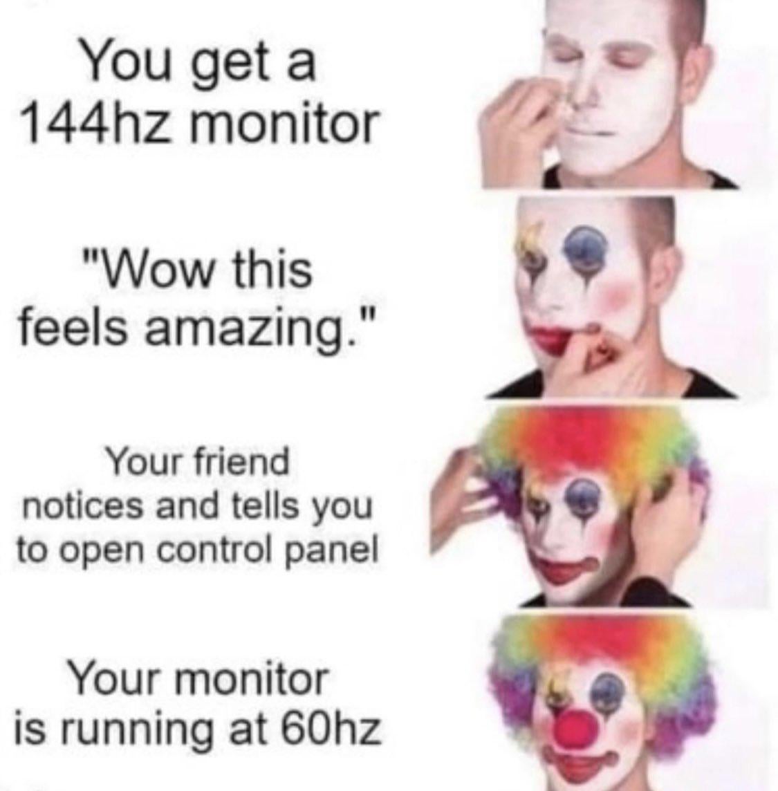 AyItsFonzy's tweet photo. I bought a 144hz monitor about a month back. It looked OK, but then this popped up on reddit. I've been using it at 60hz this whole time. https://t.co/m6zkGsA8nj