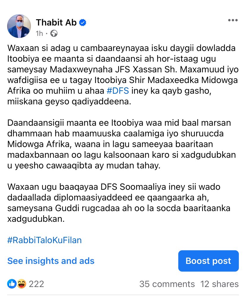 Waxaan si adag u cambaareynayaa isku daygii dowladda Itoobiya ee maanta si daandaansi ah hor-istaag ugu sameysay Madaxweynaha JFS Xassan Sh. Maxamud iyo wafdigiisa ee u tagay Itoobiya Shir Madaxeedka AU oo muhiim u ahaa #DFS iney ka qayb gasho, miiskana geyso qadiyadda #Somalia.