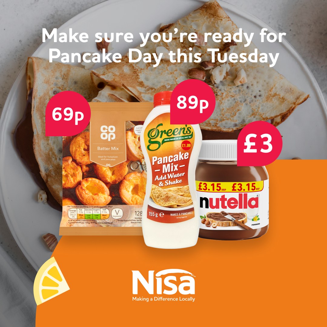 Pancake day on Tuesday, make sure you're ready!
We've got some great deals on your pancake essentials, including Co-op batter mix for only £0.69p
Why not check out our guide on the best pancakes and toppings to get you inspired- spr.ly/6181RcYp1 #nisalocal #NisaLocally #uk