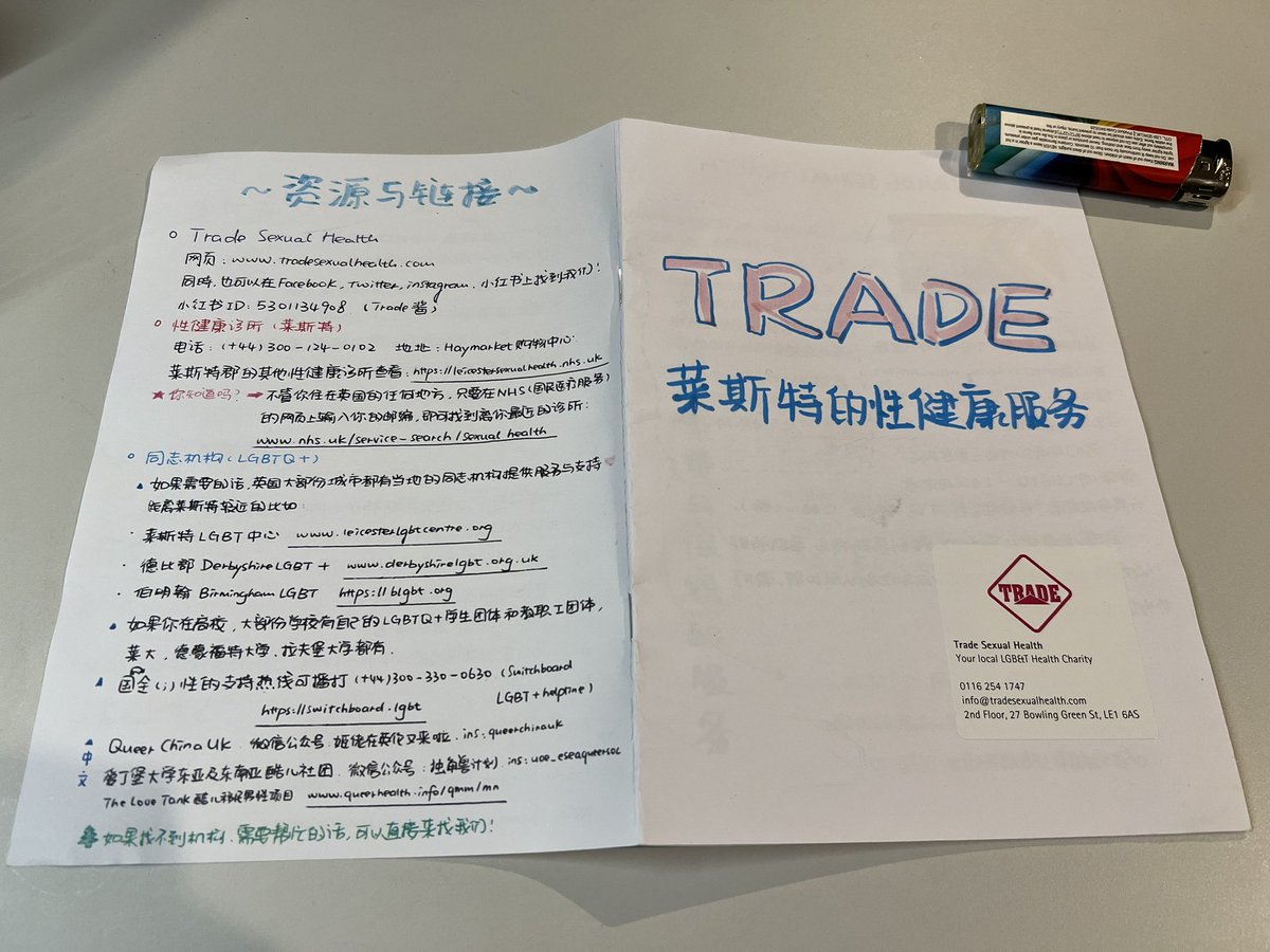 AnarchaWitch's tweet photo. 某次去莱斯特带回来的当地特产！给大家分享一下：

莱斯特trade性健康服务中心的zine，由一位关注性少数人群的中国phd学生编辑（p4有作者微信&amp;邮箱）。
内页还包含北英格兰+苏格兰各地的性少数组织的联系方式。 https://t.co/6xvCk5x7uC