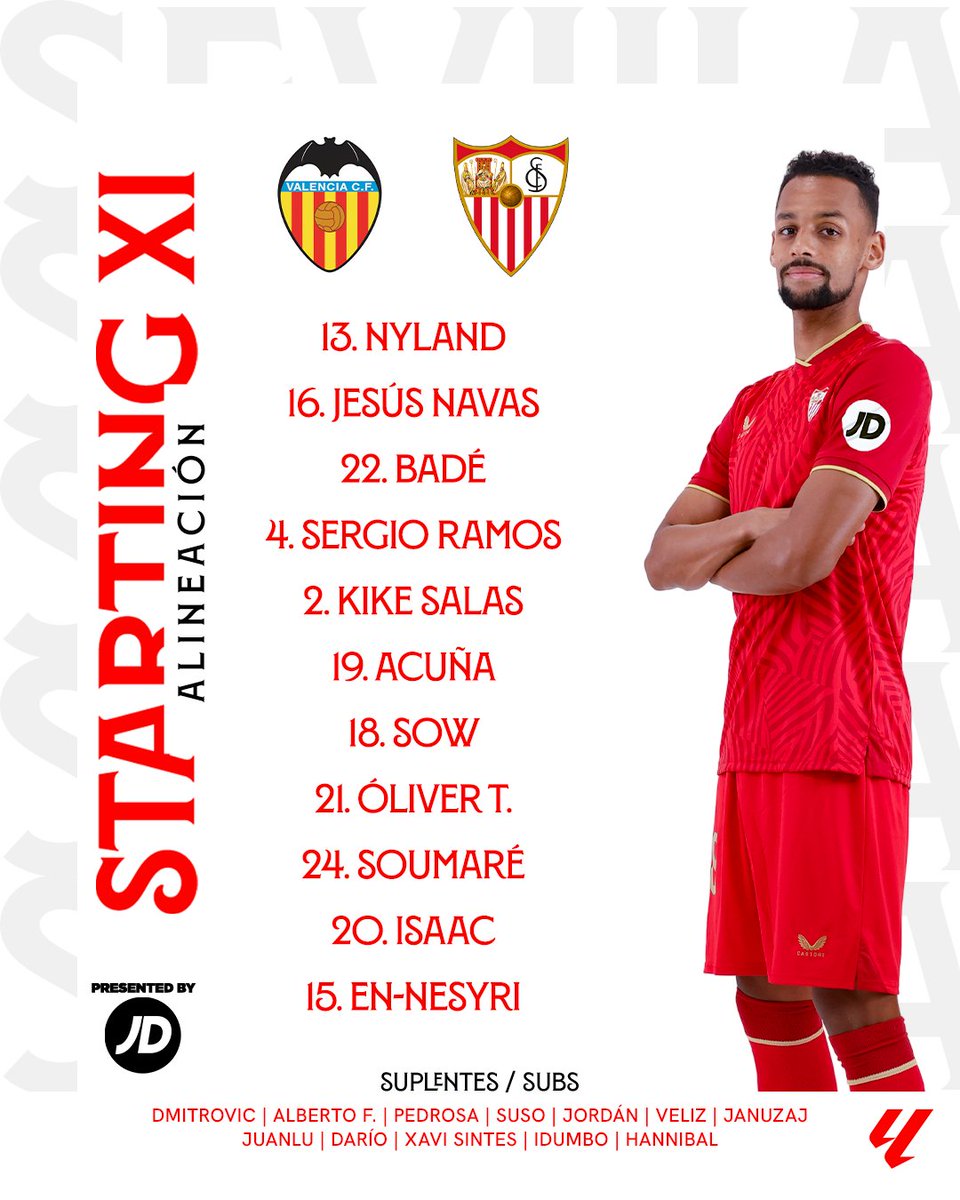 🚨 XI #ValenciaSevillaFC ⚪️🔴

Nyland - Jesús Navas, Badé, Sergio Ramos, Kike Salas, Acuña - Sow, Óliver, Soumaré - Isaac, En- Nesyri.

#WeareSevilla #NuncaTeRindas