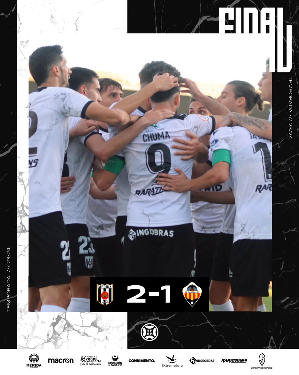 Merida_AD's tweet photo. ✅ ¡FINAL! ¡FINAL! ¡FINAL! ✅

⚪️⚫️ Victoria en el Romano ⚪️⚫️

🤜🏽 #HayQueCreer 🤛🏽

@Merida_AD 2-1 @cdcastellon 

⚽️ @GonzalezChuma 
⚽️ Juanjo Sánchez 

#MéridaCastellón https://t.co/bywL6jrNs2