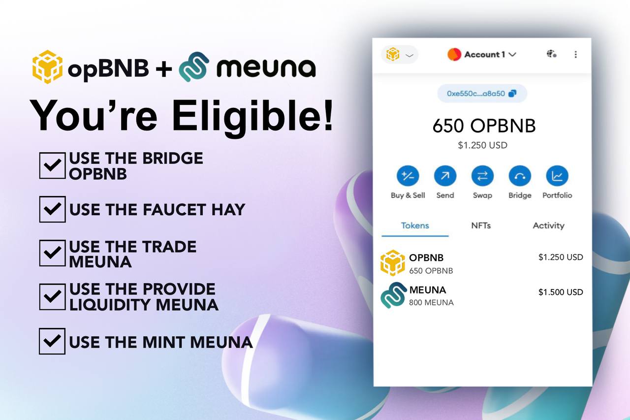 DANNY on X: "🚨 CONFIRMED airdrops on the testnet $MEUNA + $OPBNB. $MEUNA will allocate *K to wallets that have completed the company. LAST CHANCE to receive airdrops from $MEUNA and $OPBNB