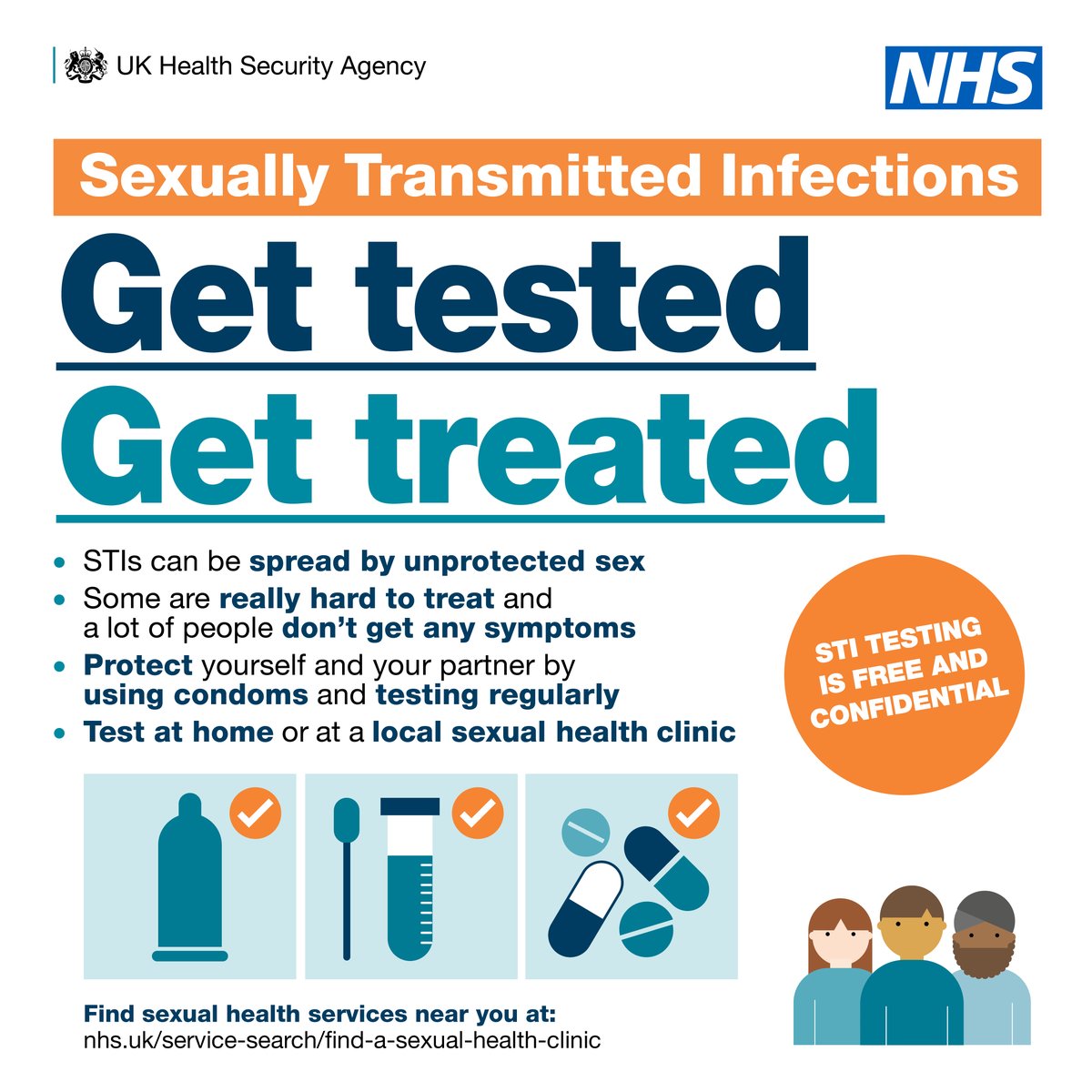 Testing for sexually transmitted infections (STIs) is free and confidential. Protect yourself and your partner by using condoms and testing regularly. Get tested, get treated. 🔗nhs.uk/service-search…