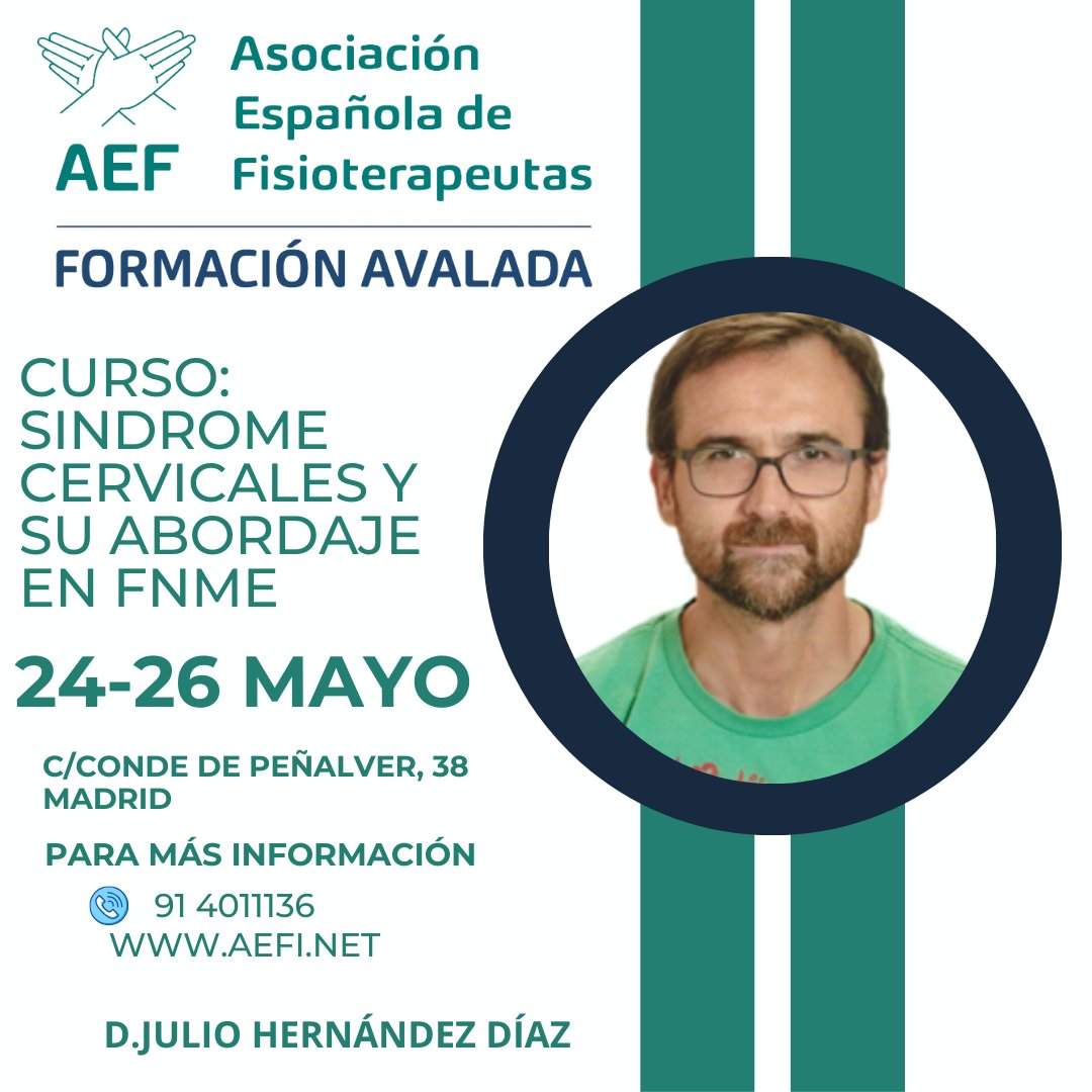aefisio's tweet photo. ✋INFORMACIÓN IMPORTANTE
Curso del síndrome de #cervicales y su abordaje en #FNME
📍#Madrid
🗓️ 24-26 #mayo
Formación #presencial
Más información 👉https://t.co/w58REU7wTs
#descuento para todos los #soyaef
#fisioterapia #ahoraespecialidadesfisioterapia #fisioterapeutas #salud https://t.co/qaKlnYoJbX