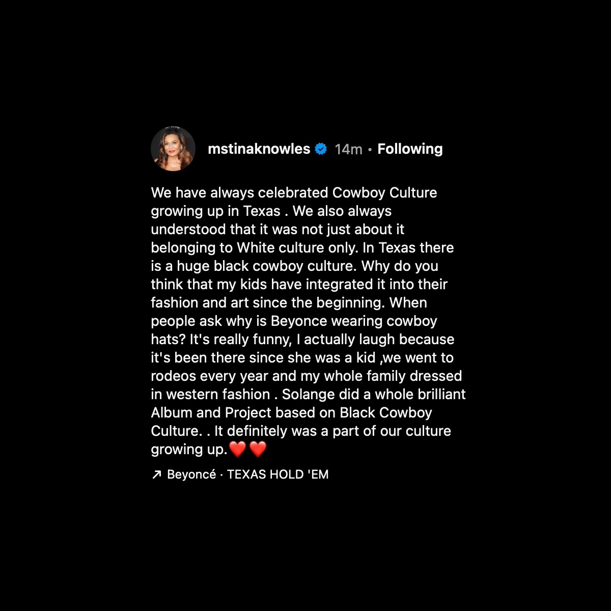 BeyLegion's tweet photo. Ms. Tina shares how western cowboy culture has been a part of her family for generations:

"Why do you think my kids have integrated it into their fashion and art since the beginning?" https://t.co/MH0IT7l89q