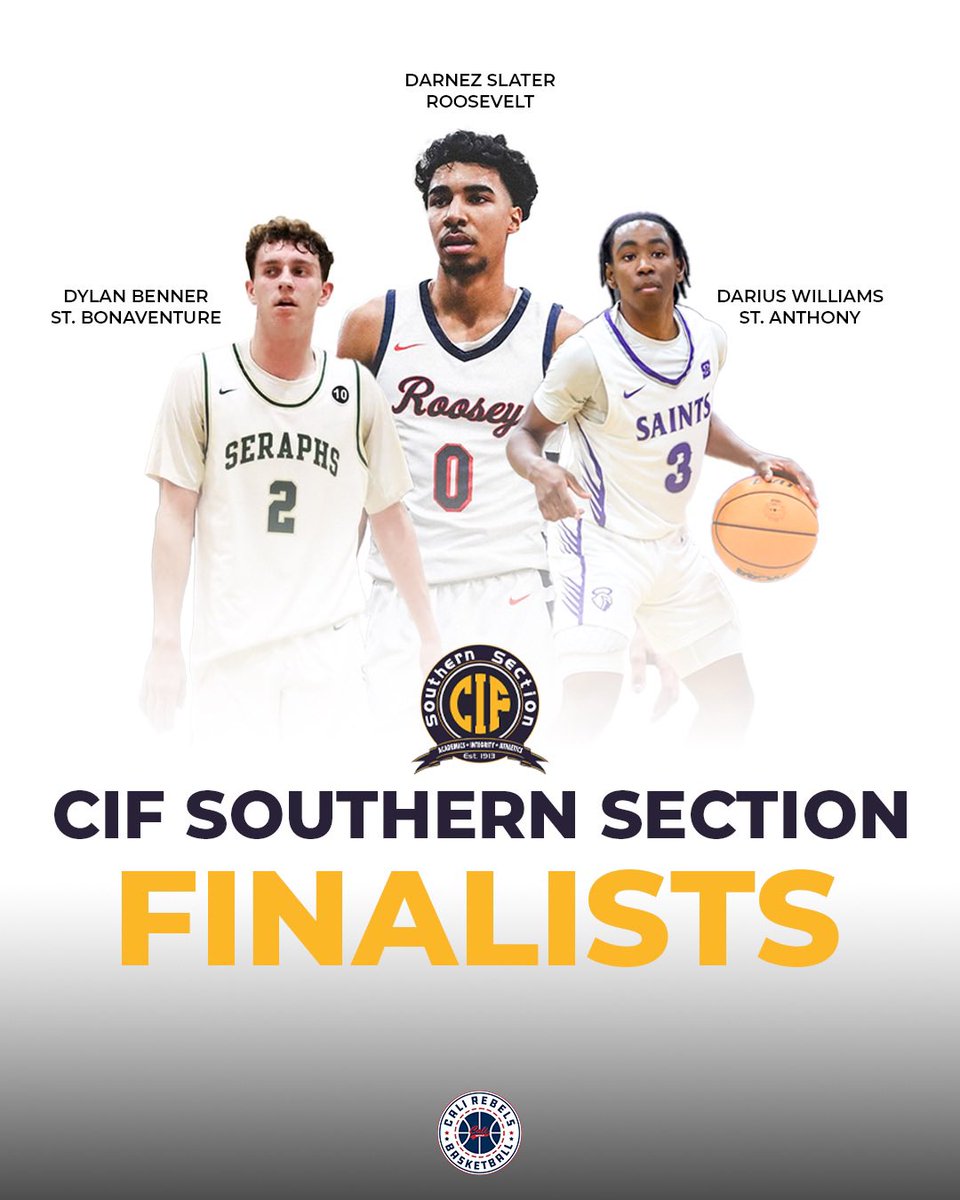Rebel Boyz have advanced to the CIF Championships! ‘24 Darnez Slater (@CSUMBasketball) 15pts for Roosevelt over Mater Dei ‘24 Dylan Benner (@ArmyWP_MBB) 11pts/10reb for St. Bonny over Serra ‘25 Darius Williams 14pts for St. Anthony over Heritage Christian. #TrustTheProcess