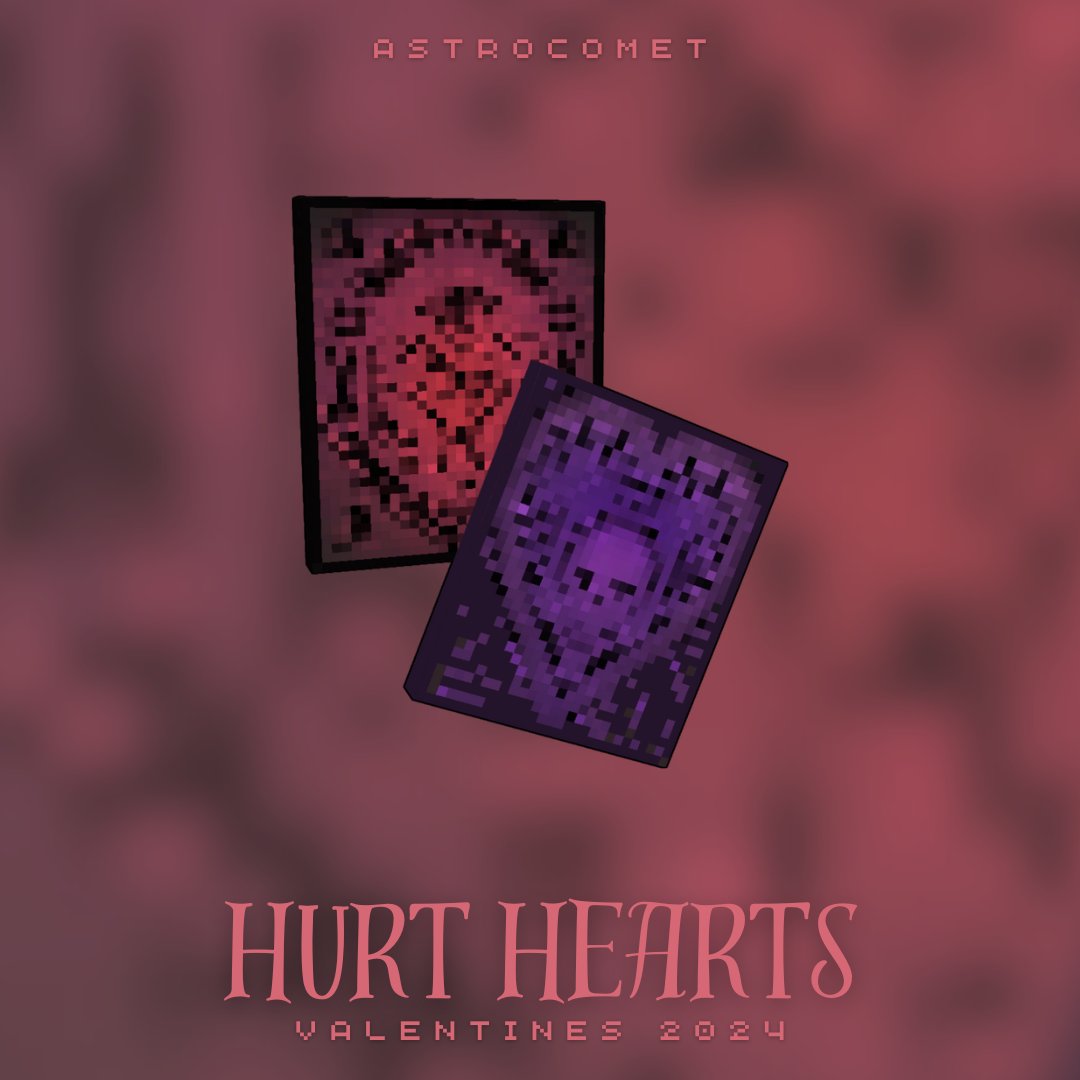 AstroCometMC's tweet photo. 💌 Hurt Hearts Relics 🥀

The relics can be purchased on our store or attained by completing quests at /warp valentines. You can use those to get your hands on our custom valentines themed models!

Store: https://t.co/E7BXt44Ydw

💫 https://t.co/xHToaJgic1

#AstroComet #minecraft https://t.co/esJ56CbUvl