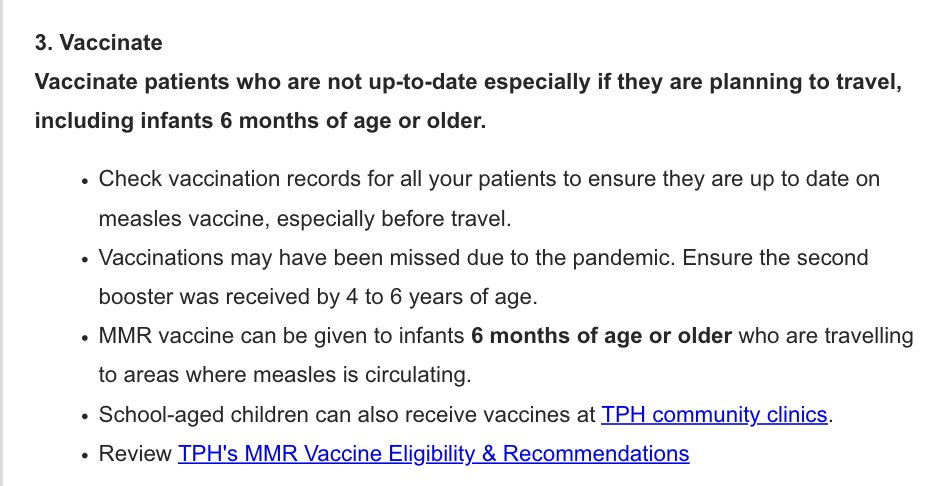 BogochIsaac's tweet photo. There is a global resurgence of measles, a vaccine-preventable illness with well-known complications.

Measles is a 2 dose vaccine; dose 1 is given at ~1 year but this can be given as early as 6 months if travelling to areas where there is measles circulating.

@TOPublicHealth👇 https://t.co/GMAsSXZm1b