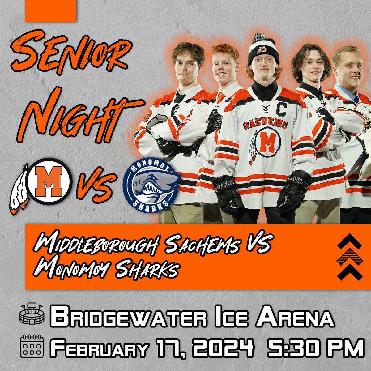 Senior Night on ice! Join us at Bridgewater Ice Arena tonight at 5:30 PM as MHS Hockey celebrates their seniors against Monomoy #Sachempride @PrincipalBran @SC_Varsity @BostonHeraldHS @BGlobeSports @BrocktonSports