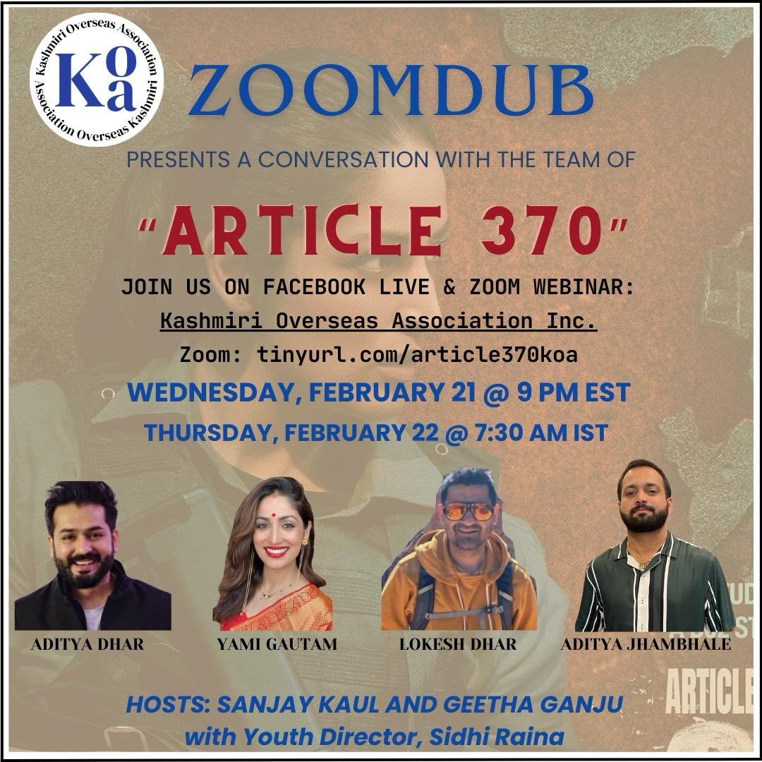 We are excited for the much awaited movie “Article 370” releasing February 23, 2024. Please join us on Wednesday, Feb. 21st, 9pm EST, for the KOA ZoomDub session, in conversation with the Team of “Article 370”. youtube.com/watch?v=6Pf6RU…