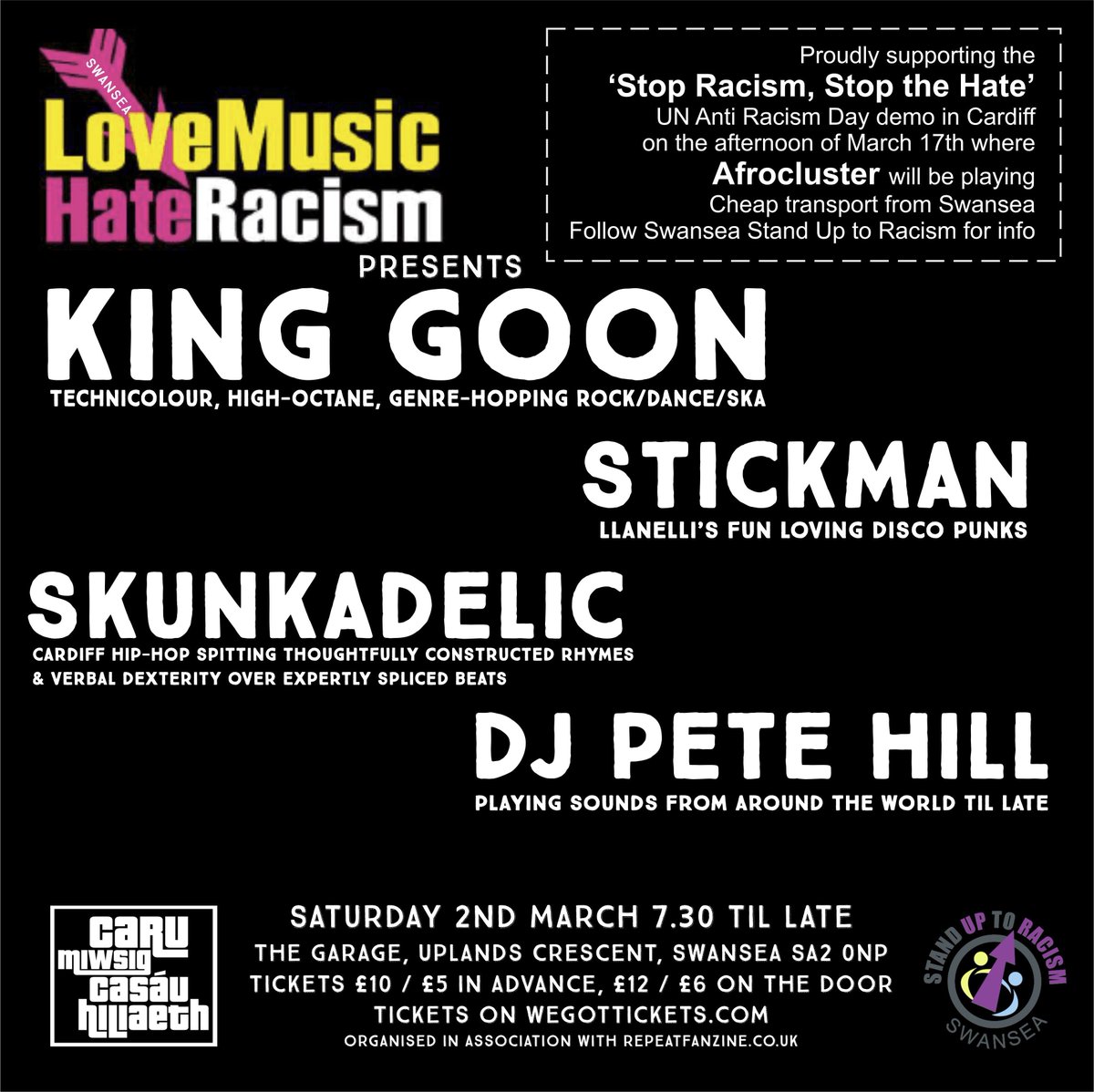 Two weeks today we head to The Garage for this party, where we'll be sharing a stage with @stickmanbanduk and @Skunkadelicuk in aid of @lmhrnational @RichardREPEAT @sutr_wales @SwanseaMusicHub @MusicSceneWales @CreativeWales @welshmusicpod