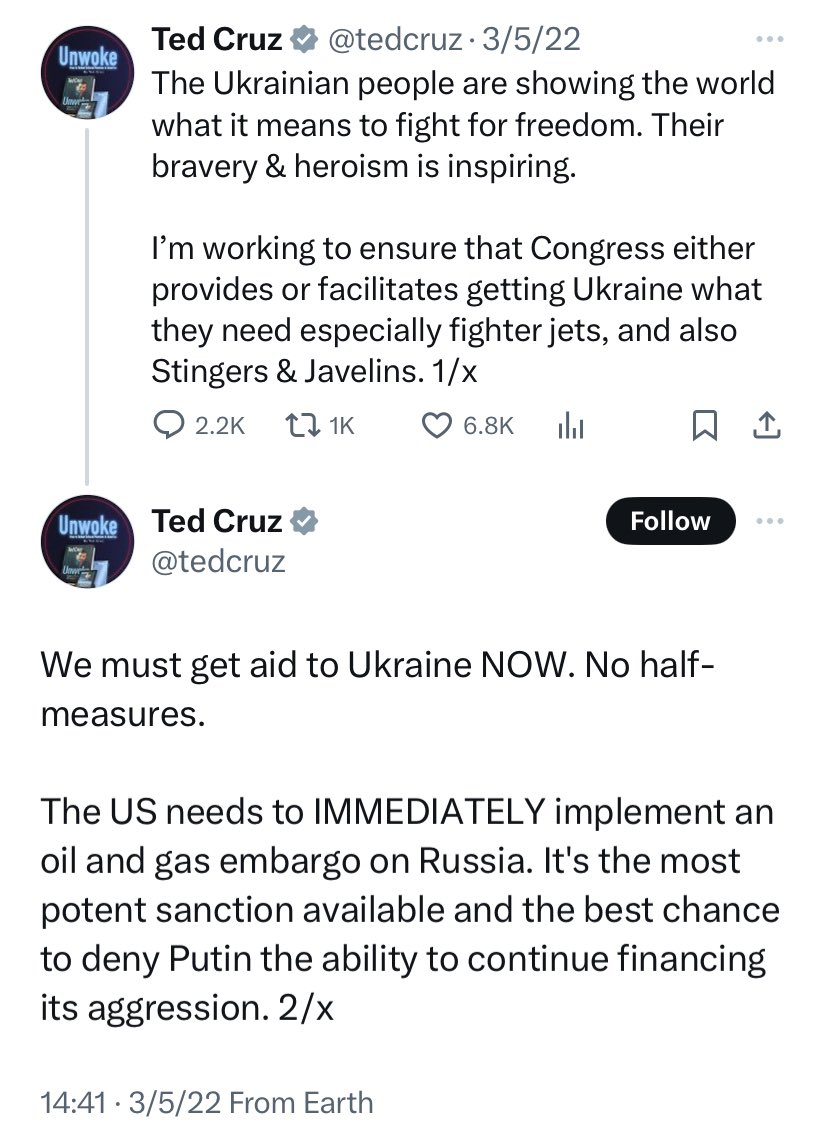 RpsAgainstTrump's tweet photo. Ted Cruz who once criticized the Biden administration for not sending enough military aid to Ukraine, voted this week to block aid for Ukraine when they need it the most. All because Trump asked him to.

Shameless. https://t.co/Clb85VfKQq