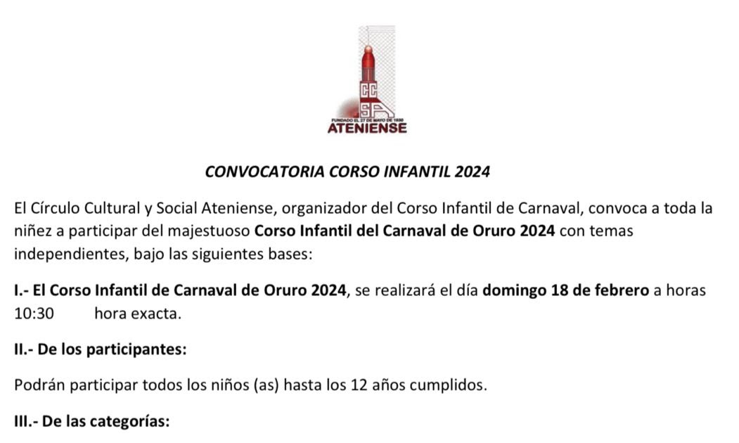 oruro's tweet photo. Convocatoria Corso Infantil Carnaval de Oruro 2024 https://t.co/DnVBAey2XJ https://t.co/oYVD6f4jxn