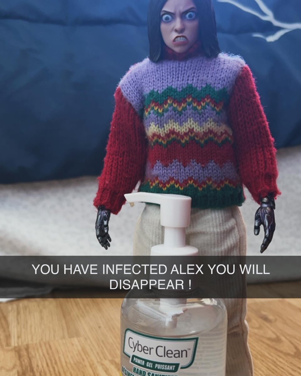 alexiogrenier's tweet photo. #HotToysAlita is mad because this virus made me sick for the past few days … #AlitaArmy #HandSanitizer #MadAlita #OhNon #AlitaSequels #JusticeIsServed https://t.co/rnUpiqB0Qd