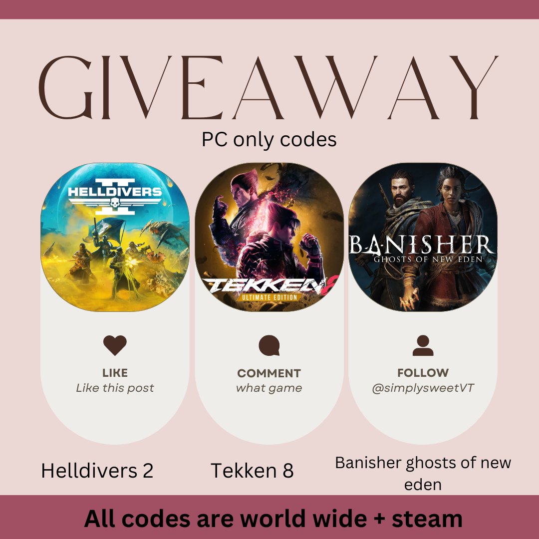 🚨 GIVEAWAY 🚨

Celebrating 800 followers! 

✅ Follow <a href="/SimplySweetVT/">Simply Sweet ♡ Bunny Vtuber</a>
✅ Like this post 
✅ Comment what game you want

Deadline: March 1st, 2024
3 Winners

Prizes:
Helldivers 2 
Tekken 8 Ultimate Edition
Banisher Ghosts of New Eden