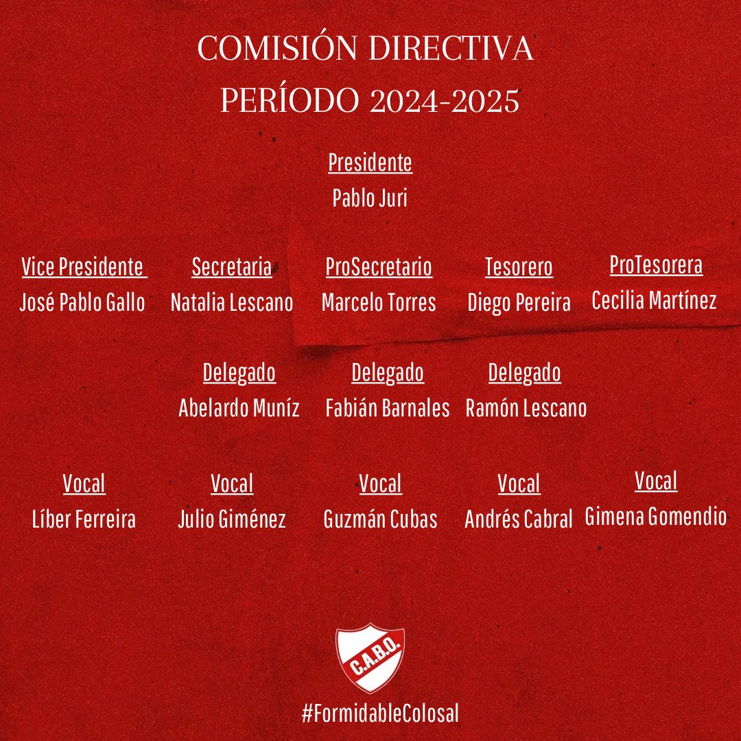 𝗔𝘂𝘁𝗼𝗿𝗶𝗱𝗮𝗱𝗲𝘀 🫡

🗣️ Tras el acto eleccionario días atrás, quedó conformada la plantilla de dirigentes que estarán a cargo del club en el período 2024-2025 🗳️

Éxitos a todos. Que viva siempre la franja 🇵🇱