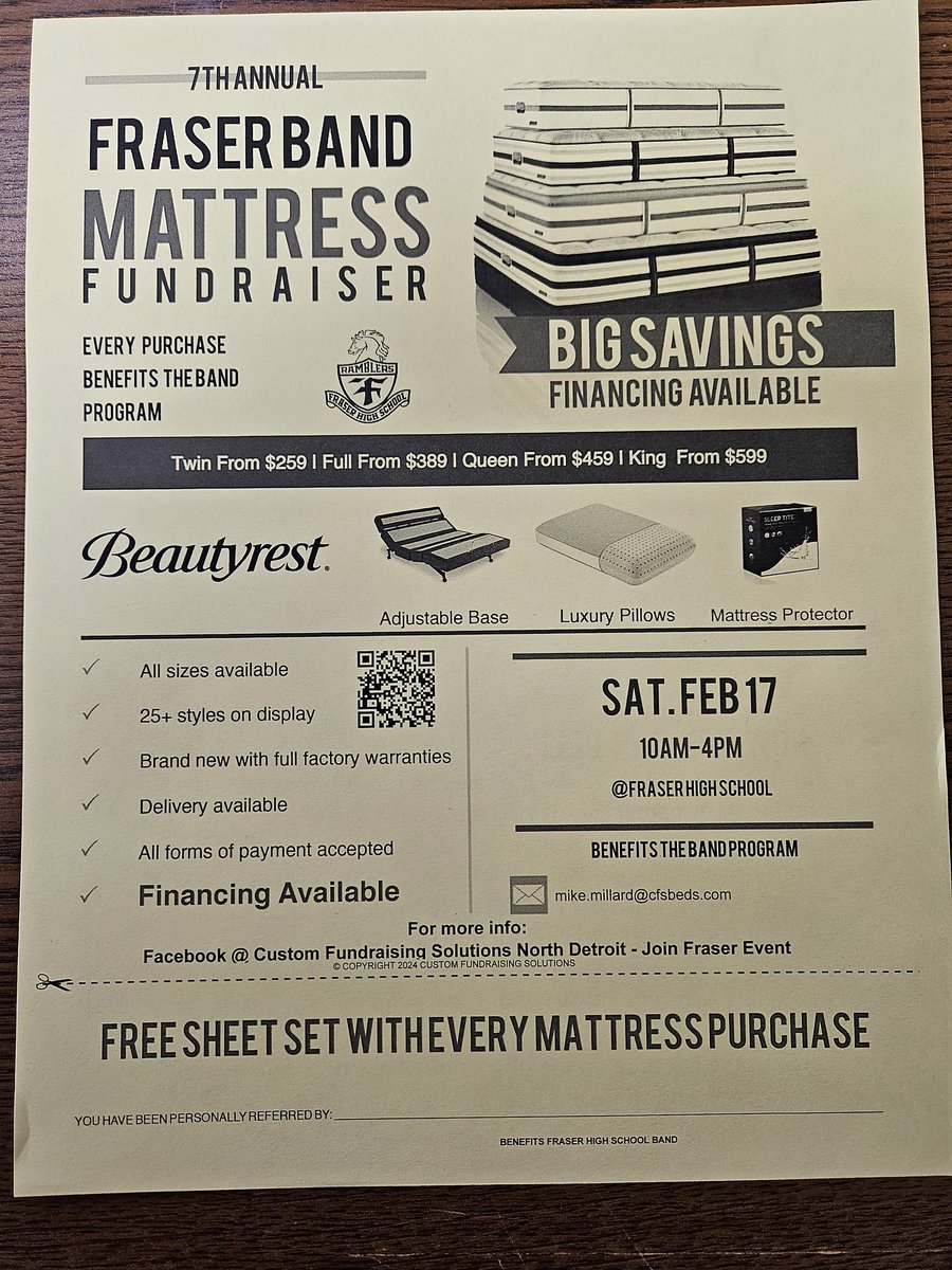 Annual FHS band mattress sale today, 10 am - 4 pm! Come to the cafeteria showroom and support the bands! <a href="/fraserschools/">Fraser Public Schools</a> <a href="/FPSmusic/">Fraser Music Dept.</a> #mattress #fraserfamily