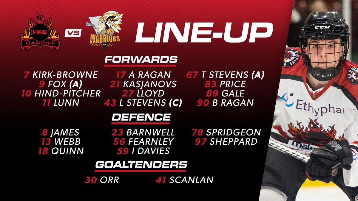 CardiffFireIHC's tweet photo. Here's your Fire line-up with Ben Scanlan starting in net for tonight 🏒👨‍🚒

#LetsGoFire | #FireItUp 🔥 https://t.co/73xkwcf8ht