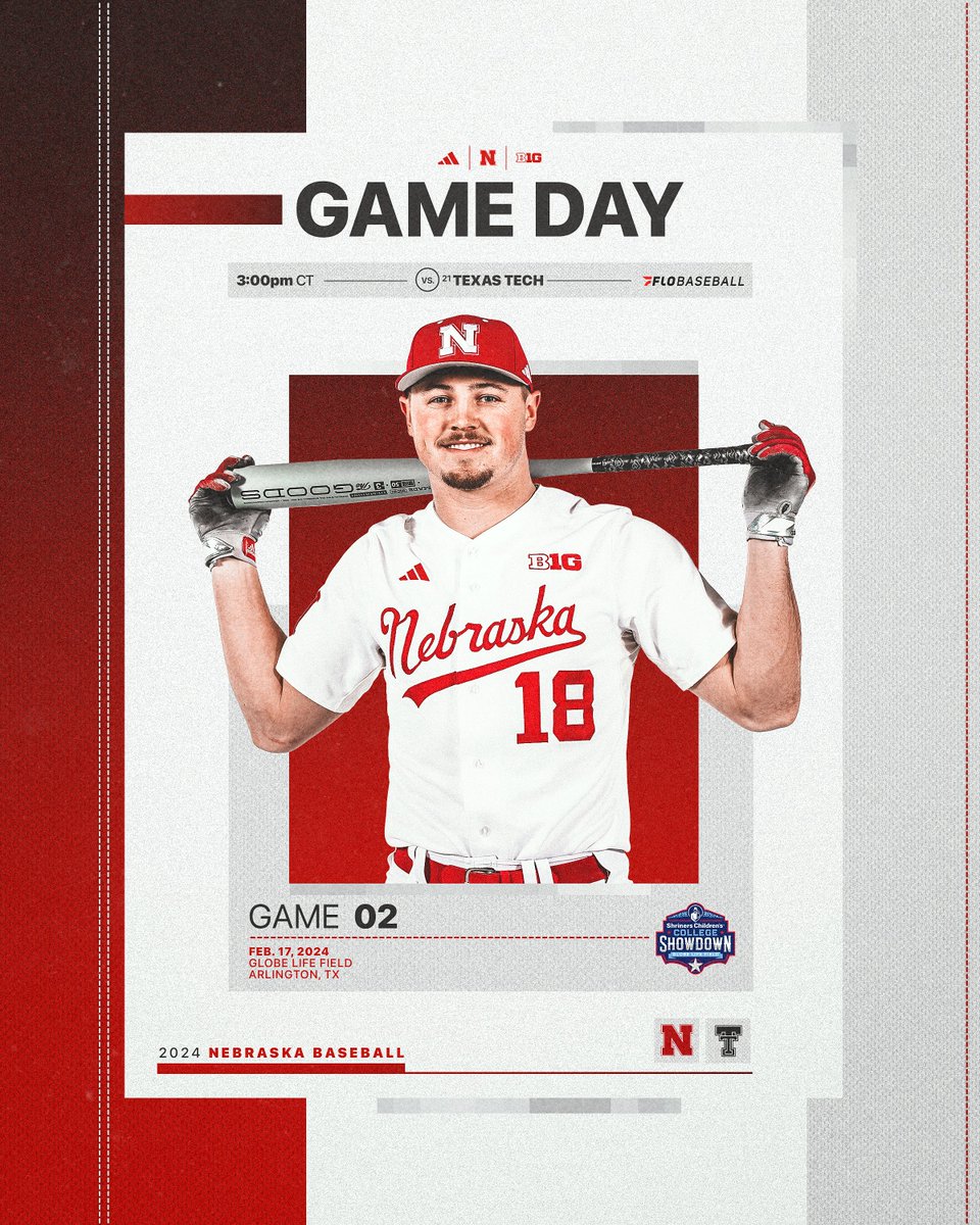 Taking on Tech.

🆚: Texas Tech
📍: Globe Life Field
⌚️: 3:00pm CT
💻: <a href="/FloBaseball/">Olmsted Varsity Baseball</a> 
📻: <a href="/HuskersRadio/">Huskers Radio Network</a>