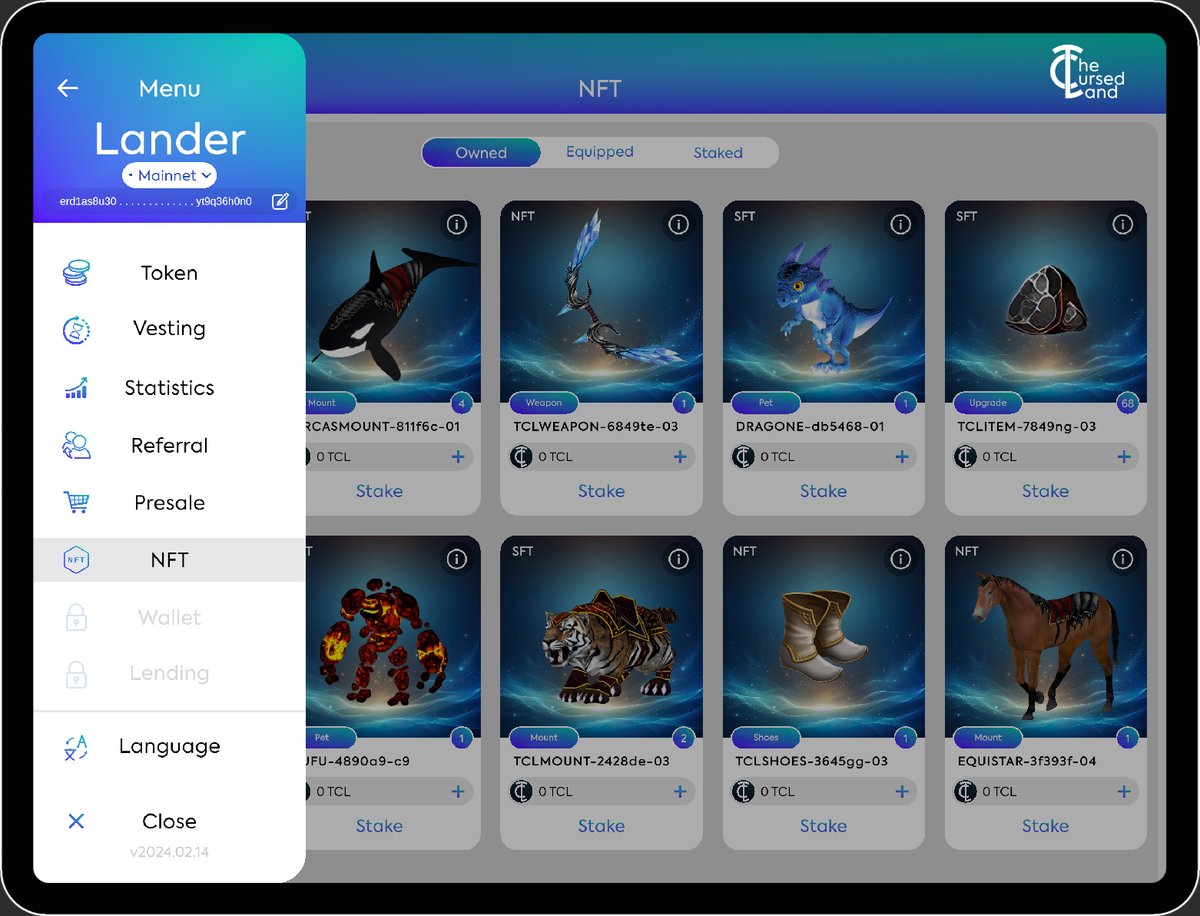 🚀 Lander, our @TheCursedLand dashboard, just got updated!

#NFT functionality is live: view in-game NFT items &amp; prep for Beta testing on #MultiversX Testnet. Experience web3 integration first-hand &amp; explore NFT &amp; $TCL token utility!

Beta testing starts soon! 👀

Lander: