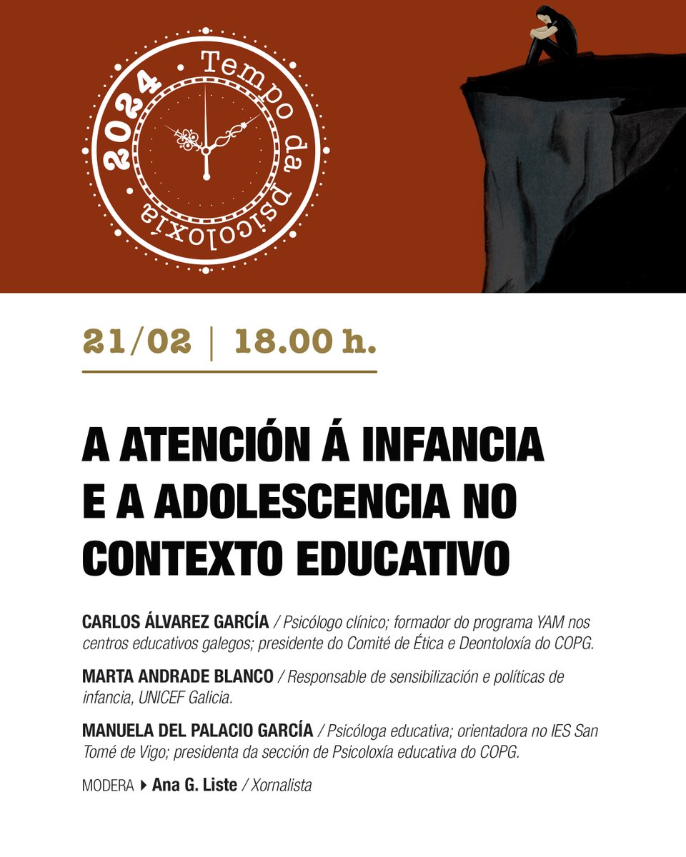 copgalicia's tweet image. Lembra que podes inscribirte en zurl.co/11hi se queres seguirnos online ou acompañarnos na propia Facultade de Psicoloxía.

Esta é unha actividade aberta a todo o público e gratuíta.