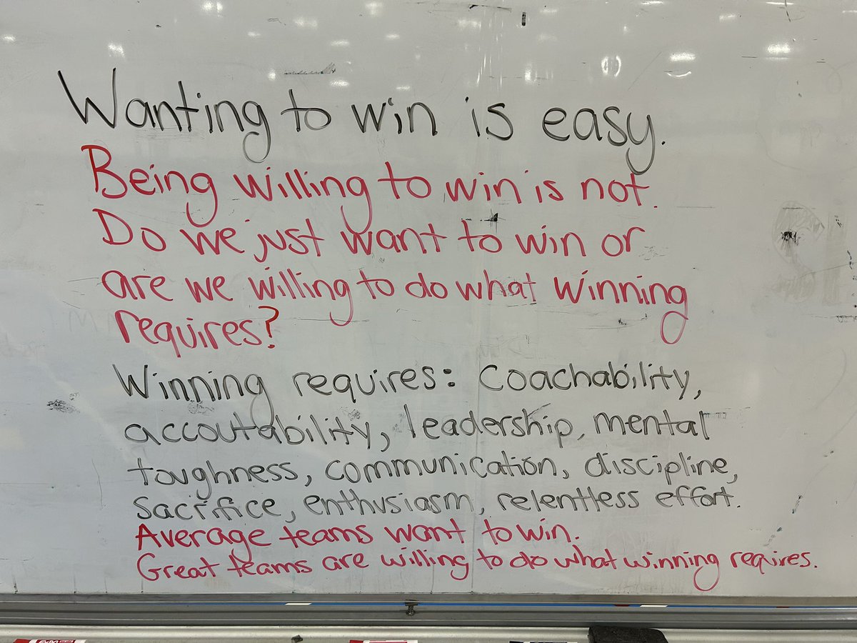 Wanting to win is easy. Being willing to win is not. Do you just want to win or are you willing to do what winning requires? Winning requires: coachability accountability leadership mental toughness communication discipline sacrifice enthusiasm relentless effort Average teams