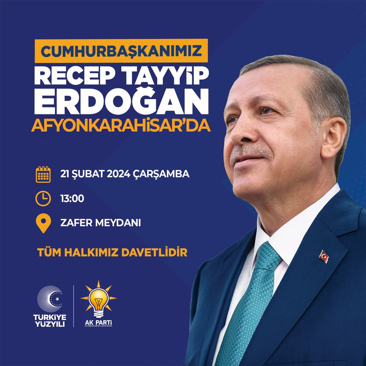 #TürkiyeYüzyılı ’nın mimarı, AK davamızın lideri, Cumhurbaşkanımız ve Genel Başkanımız Sn. Recep Tayyip Erdoğan Afyonkarahisar’mıza geliyor. 
Siz değerli hemşehrilerimizi de bu büyük buluşmaya bekliyorum. 

📆 21 Şubat 2024 Çarşamba 
⏰ 13:00
📍 Zafer Meydanı