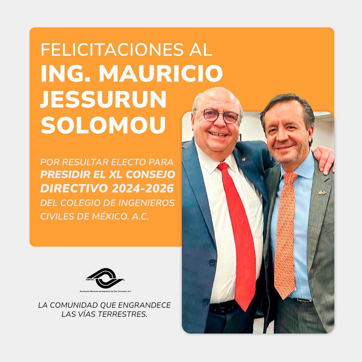 AMIVTACmx's tweet photo. La XXV Mesa Directiva Nacional de la AMIVTAC felicita al Ing. Mauricio Jessurun Solomou por resultar electo para presidir el Consejo Directivo 2024-2026 del @CICMoficial
Sin duda, continuaremos trabajando en conjunto para el beneficio de la infraestructura de nuestro país 🇲🇽. https://t.co/MXvf8pLweP