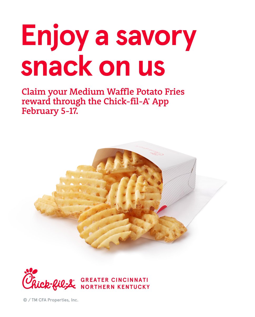 Today is the last day to claim your free Medium Waffle Potato Fries reward through the Chick-fil-A® App while in Cincy NKY. More enjoying. One per person per app. Must be present to receive reward.