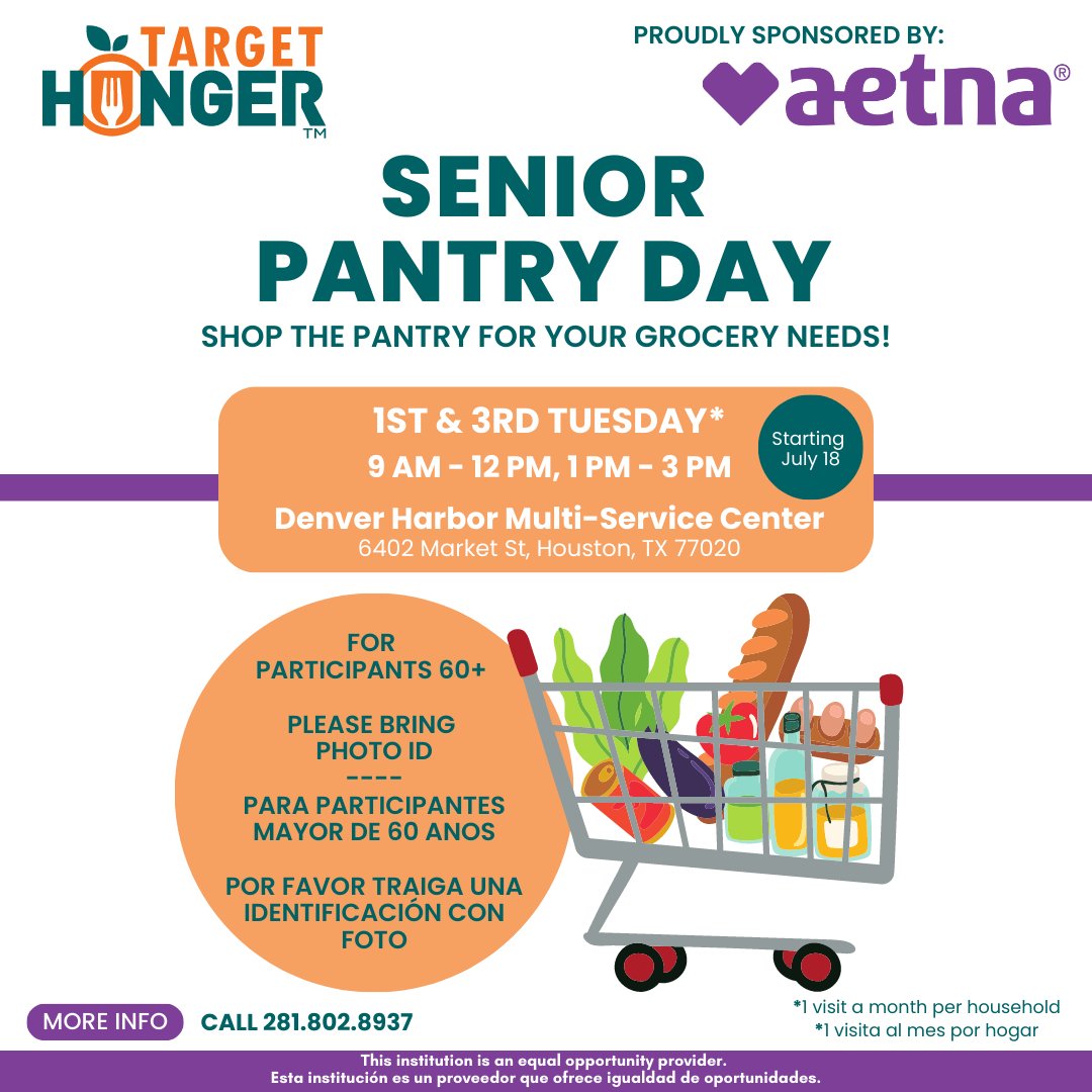 Houstonians 60+, join us for our second Senior Pantry Day this month on Jan 16th!
🍊
New clients call for an appointment!  /  ¡Nuevos clientes llamen para una cita! 
Are you currently a client? Call for more information!  /  ¿Eres cliente actualmente? ¡llama para más información!